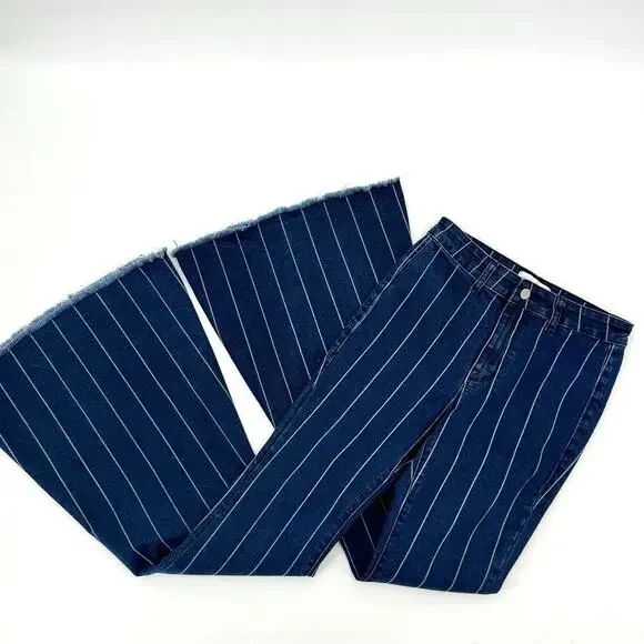 Petra 153 Jeans High Rise Striped Wide Bell Flare Boho Womens Size 7/27 Stretch - Picture 3 of 9